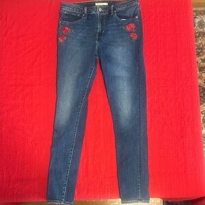 Levi's 721 High Rise Skinny Blue Denim Jeans with Red Floral Detail